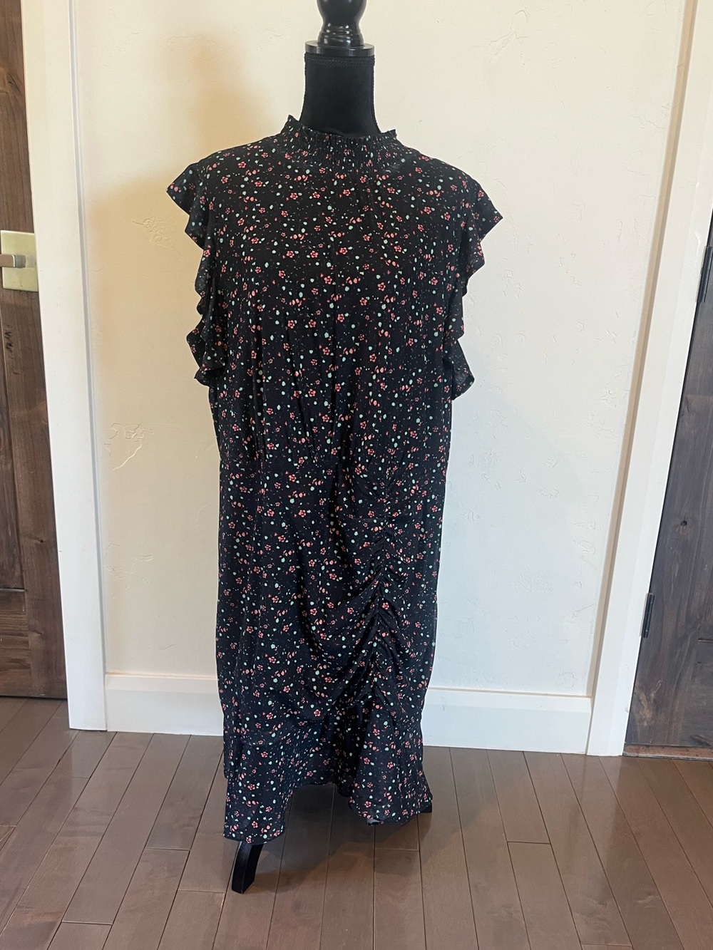 Sam Edelman Black Floral Midi Dress with Ruffle Sleeves 2X NWT